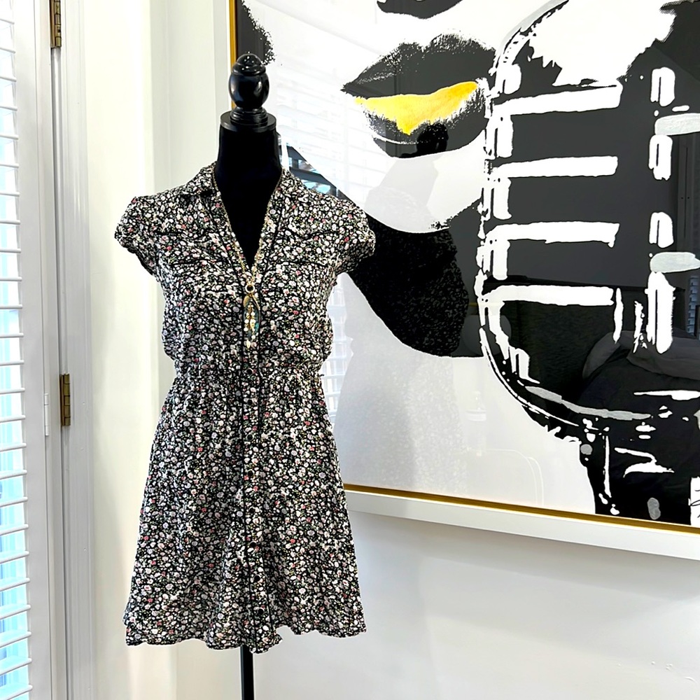 Kimchi & Blue Floral Western Cap-Sleeve Collared Button-Up Dress, Size S